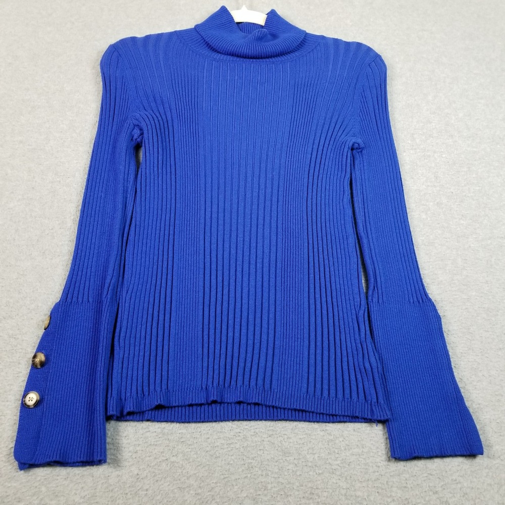 Time and Tru Turtleneck Sweater Womens M 8 10 Blue Ribbed Knit Button Cuff Cozy